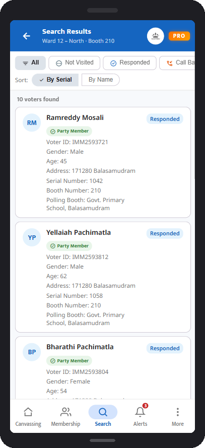 Karyakarta using the Smart Neta canvassing app to find a voter during a door-to-door round