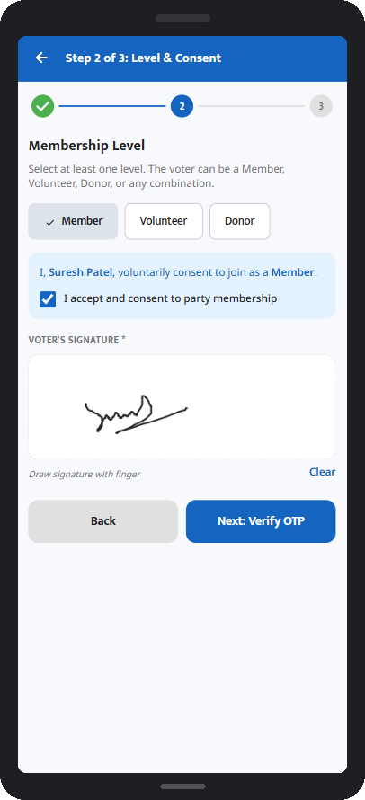 Consent & Signature - membership level selection with signature capture